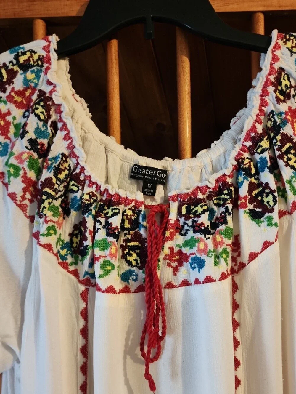 White Embroidered Peasant Blouse with Multicolor Yoke